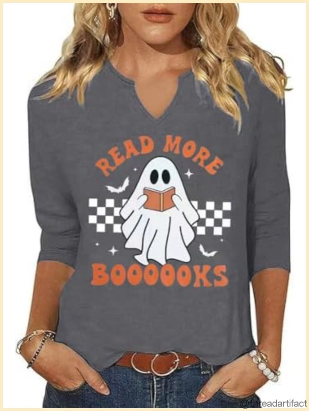 Womens 3/4 Sleeve V Neck Halloween Pumpkin Fall Graphic Tee Cotton Blend